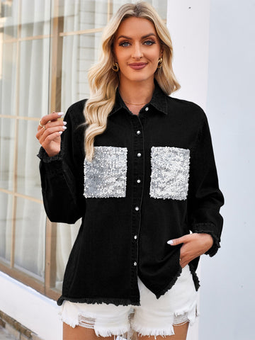 Glitter Bae Denim Jacket with Sequin Pockets