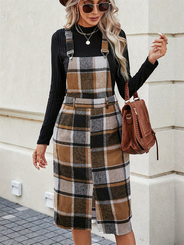 Solei Slit Plaid Overall Dress