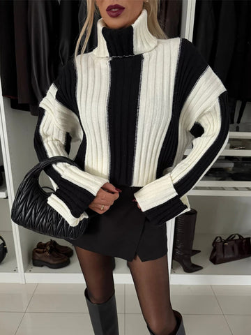 Striped Luxe Turtleneck Dropped Shoulder Sweater