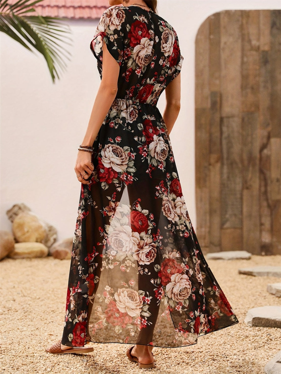 Slit Rose Printed Dress Blouse