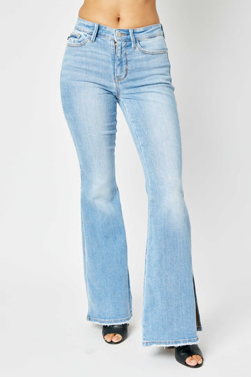 Mid Rise Slit Flare Jeans