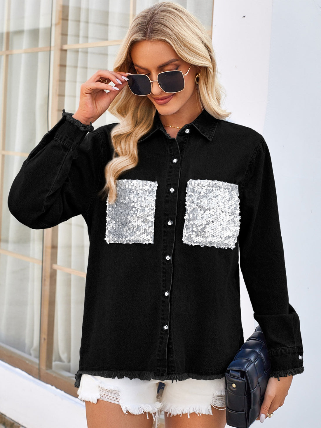 Glitter Bae Denim Jacket with Sequin Pockets