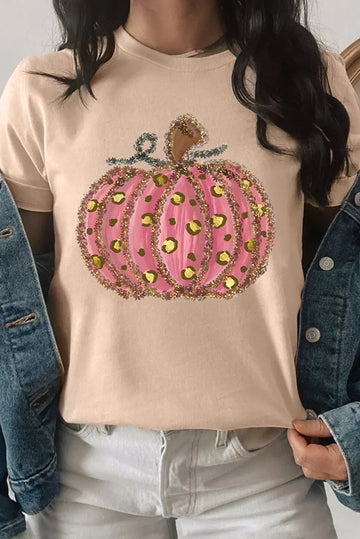 Pink Pumpkin Graphic Short Sleeve T-Shirt