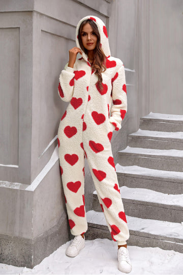 Fuzzy Heart Zip Up Jumpsuit