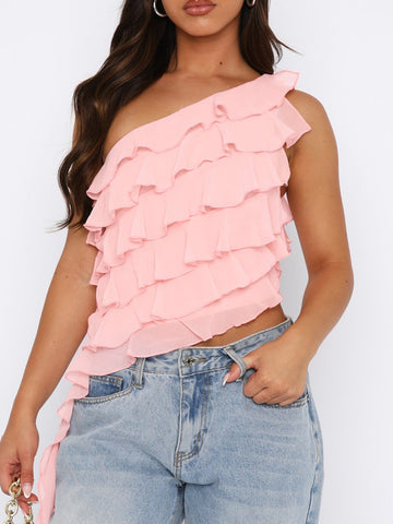 Chic Ruffled One Shoulder Tank Top