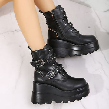 PU Leather LUXE Wedge Boots with Side Zip