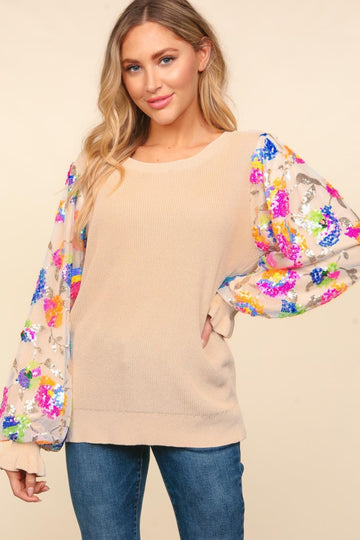 Haptics Luxe Floral Sequins Mesh Sweater