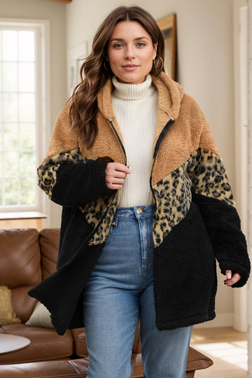 Plus Size Leopard Hooded Outerwear