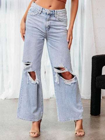 New York Distressed Wide Leg Jeans
