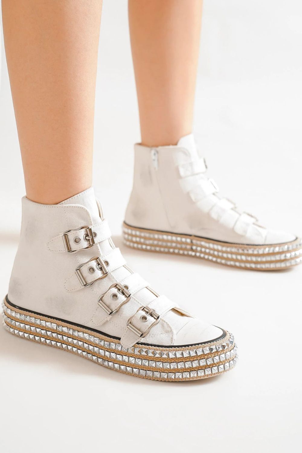 Beast Fashion LUXE Multi-Buckle Straps Studded Platform Sneakers