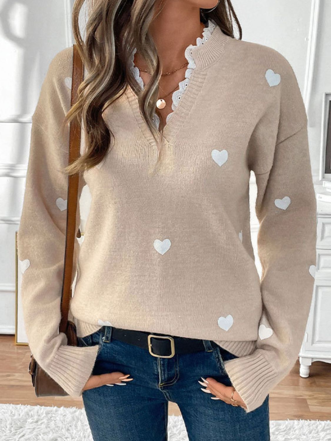 Perfee Lace Detail Notched Long Sleeve Sweater