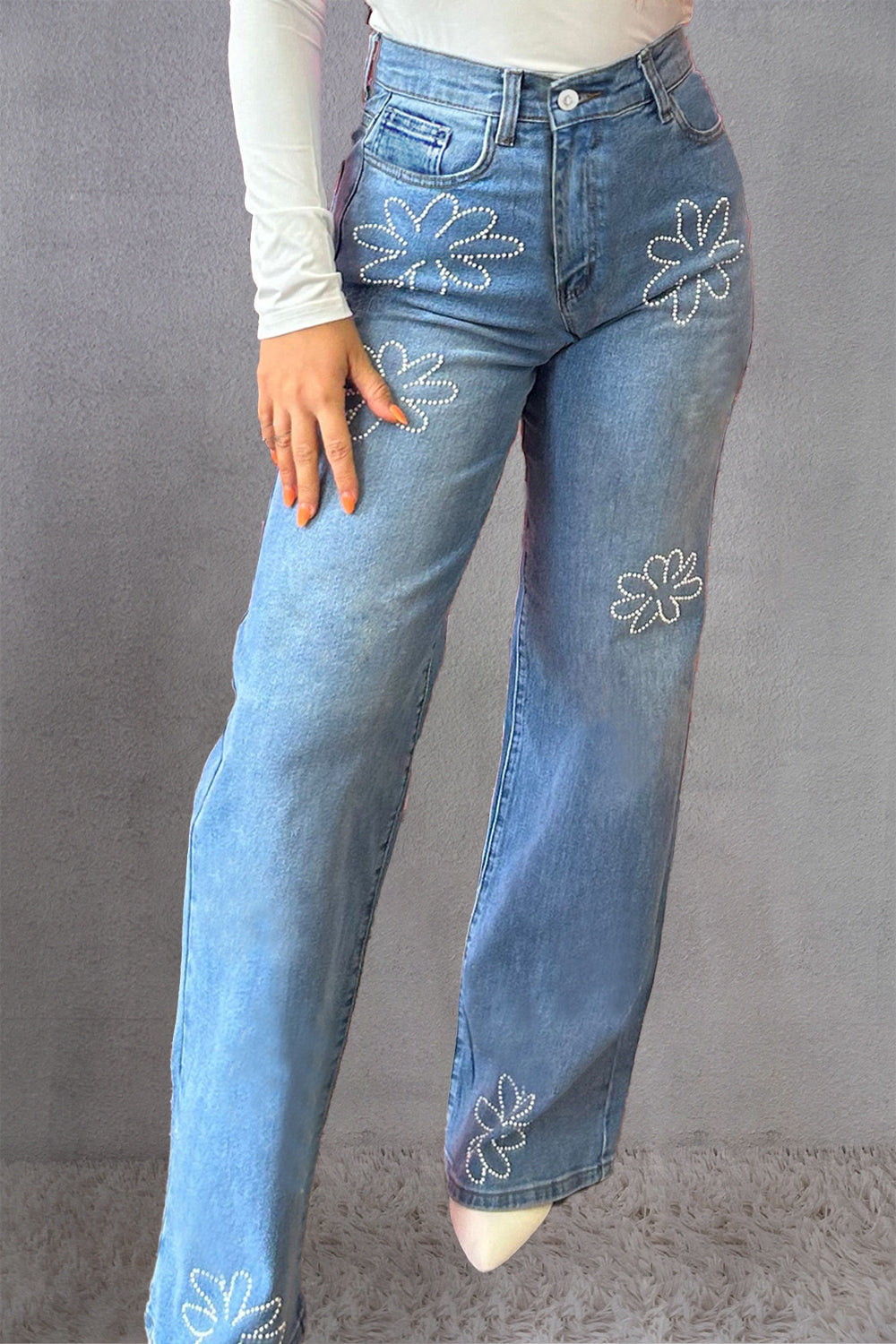 Flower Rhinestone Straight Jeans