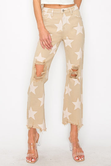 RISEN LUXE High Rise Star Printed Frayed Hem Jeans