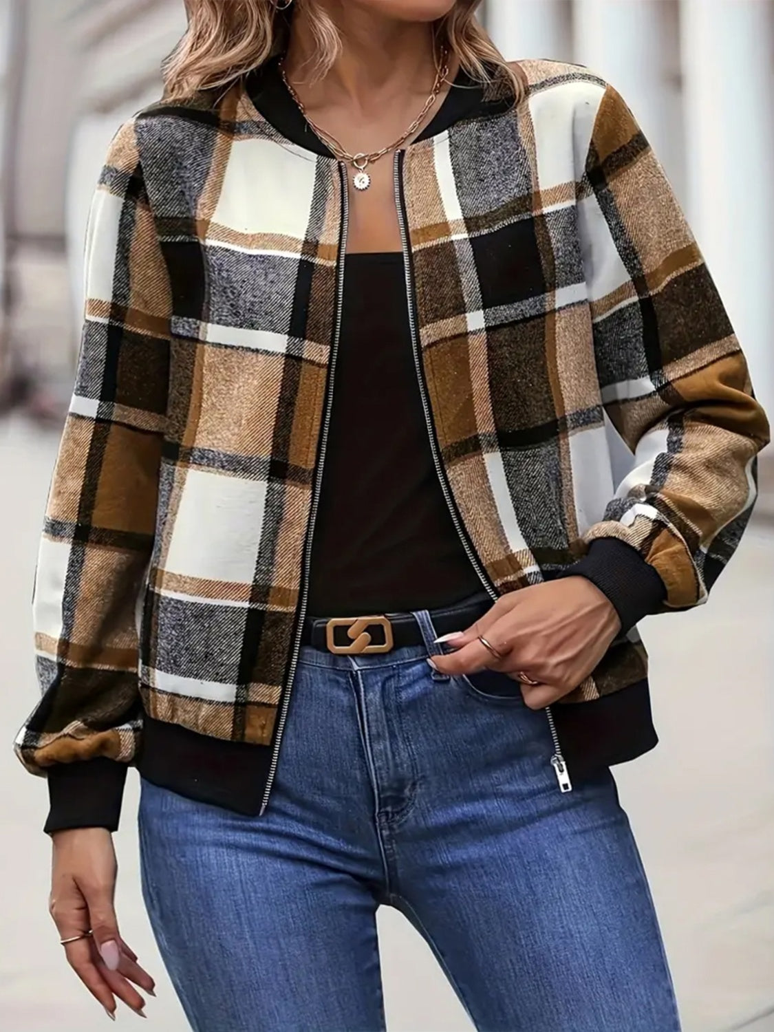 Plus Size Plaid Baseball Jacket