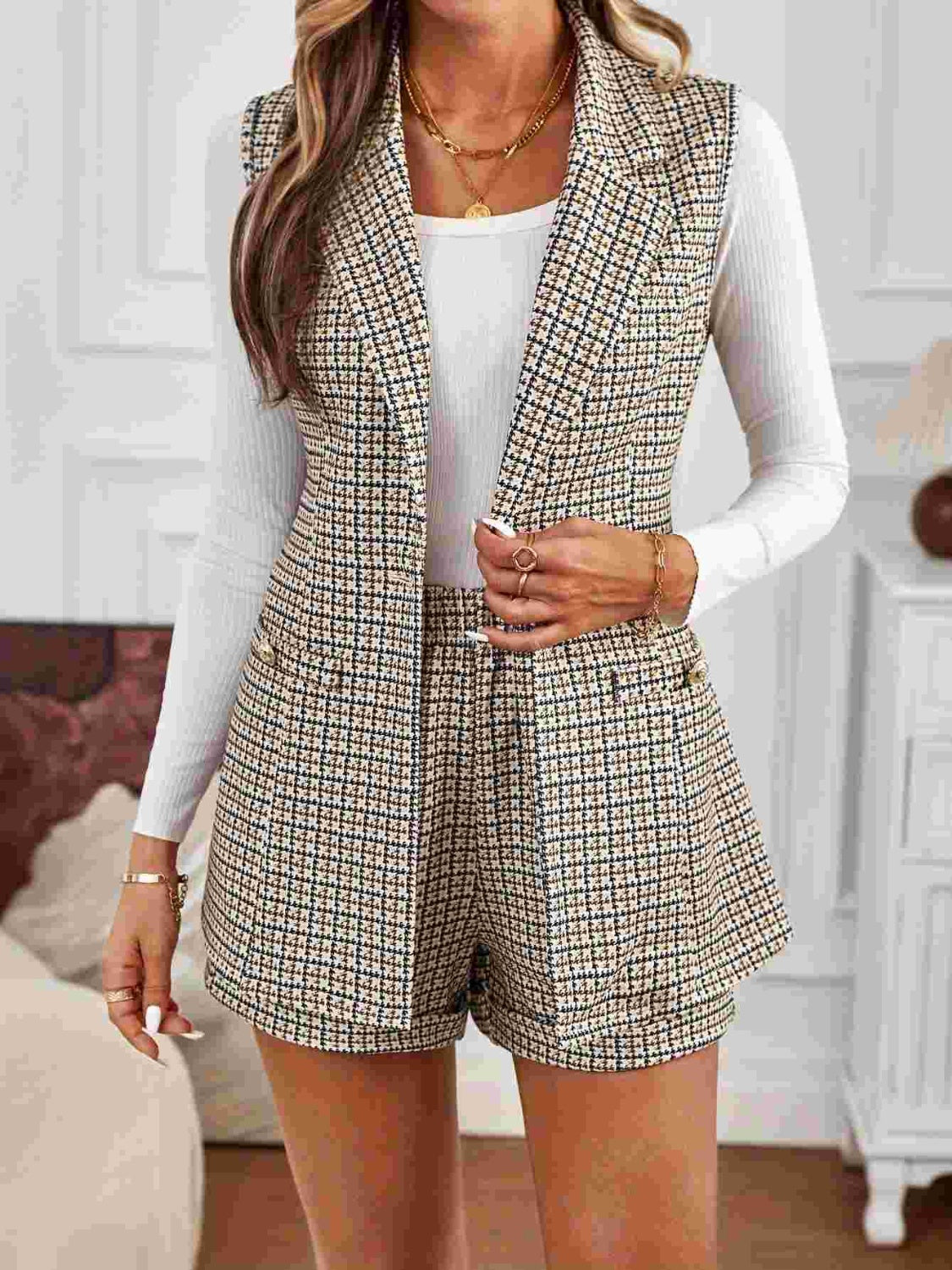 Charlie Tied Plaid Vest and Shorts Set