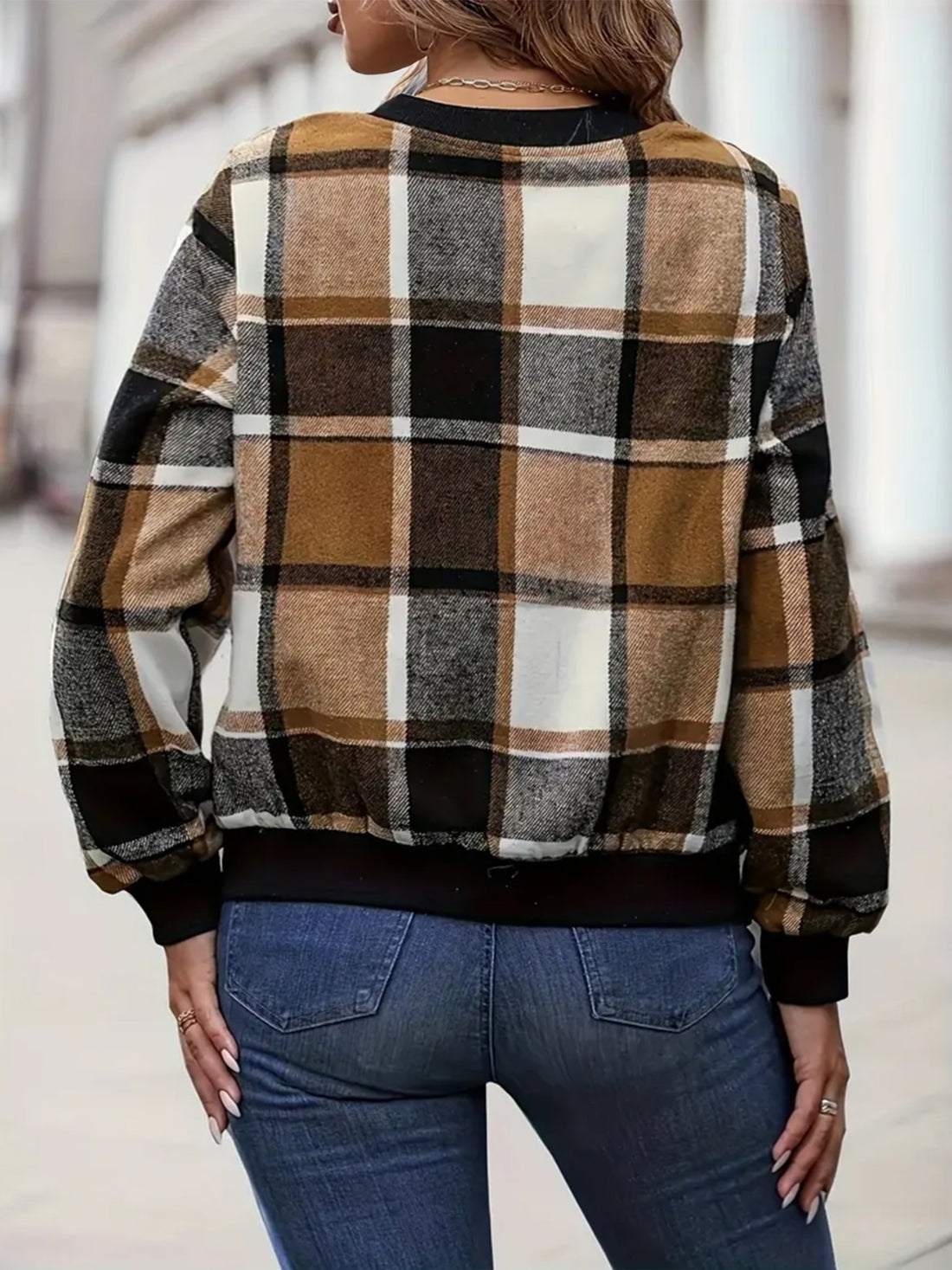 Plus Size Plaid Baseball Jacket
