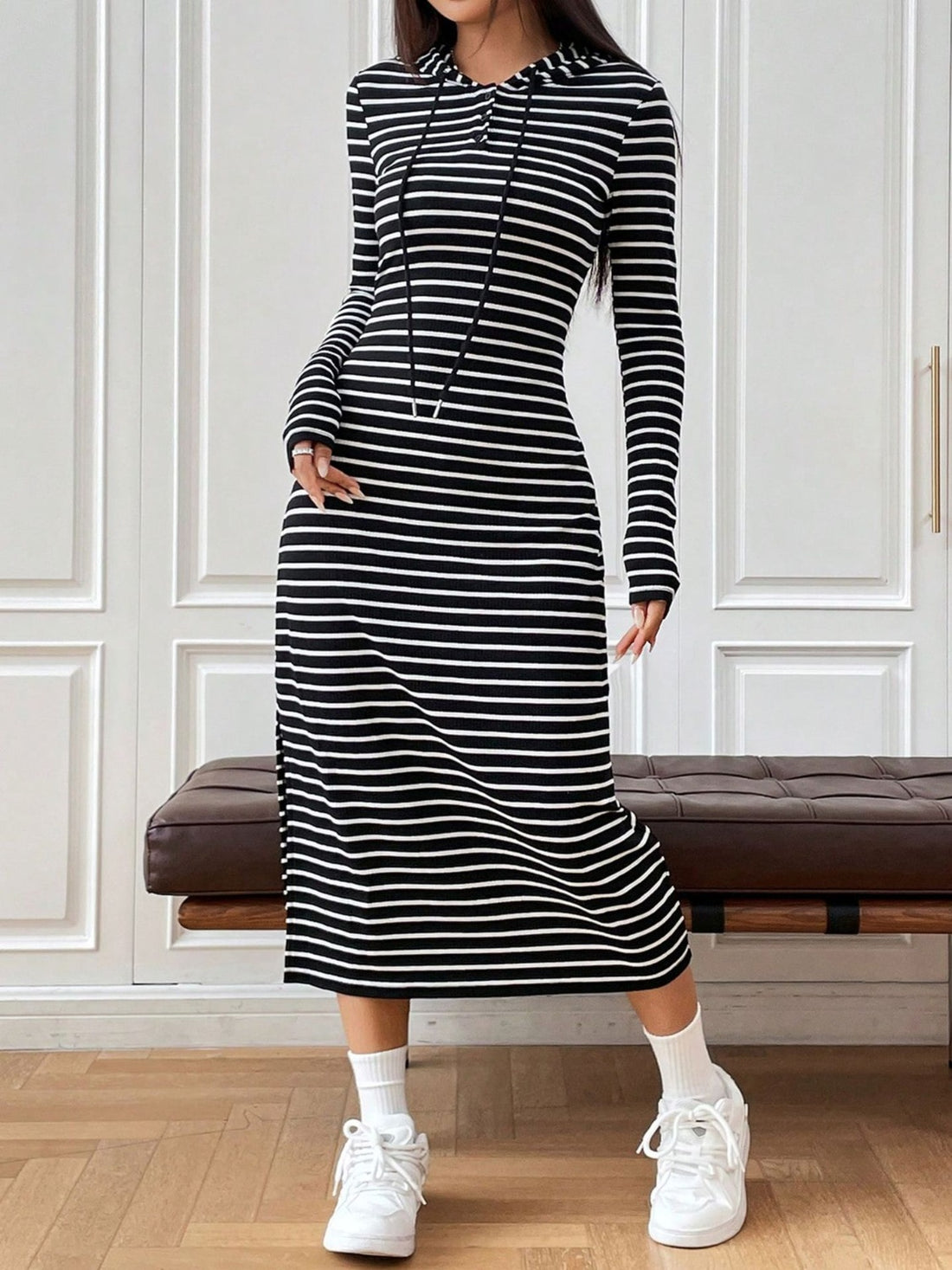 Alazne Drawstring Striped Hooded Dress