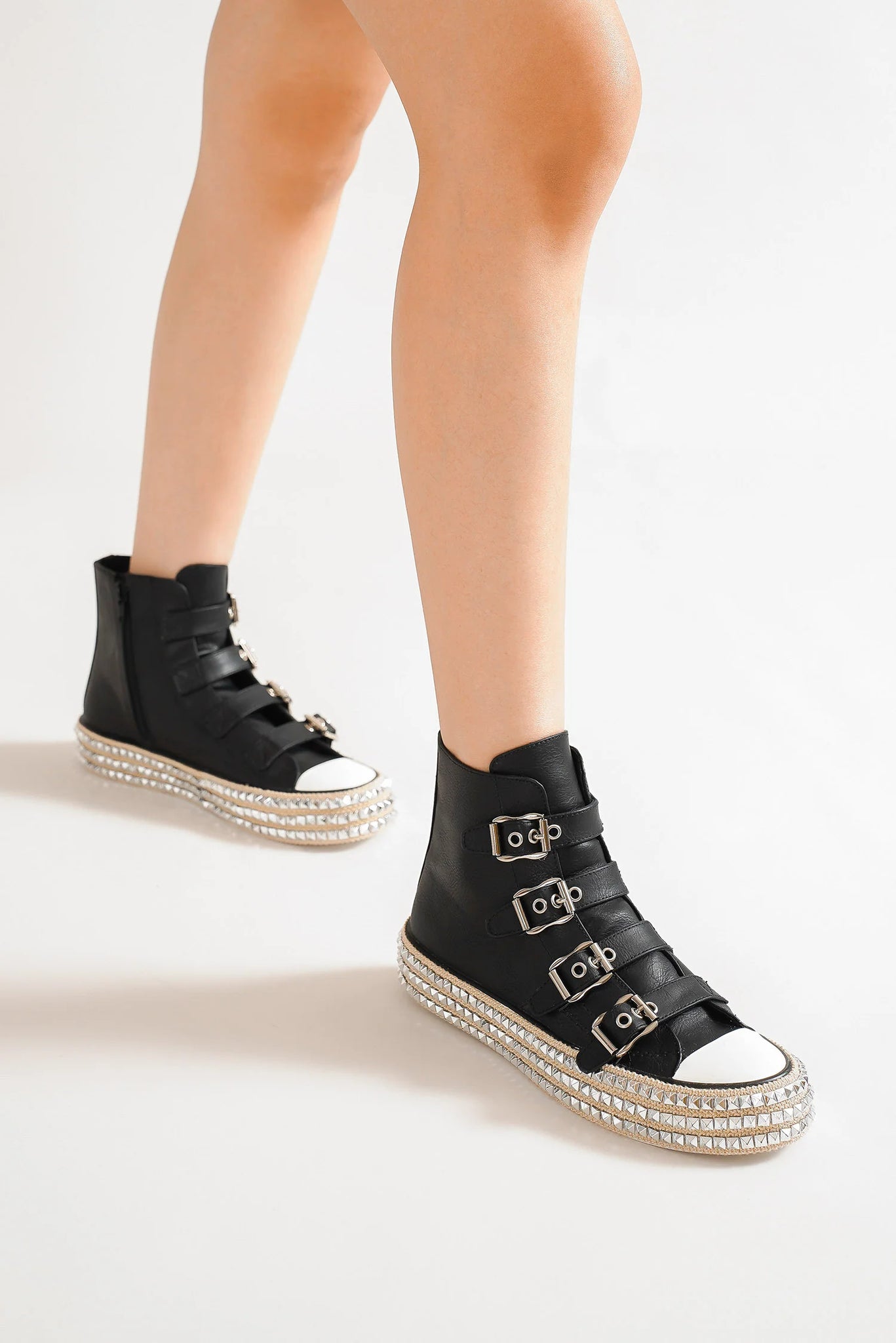 Beast Fashion LUXE Multi-Buckle Straps Studded Platform Sneakers