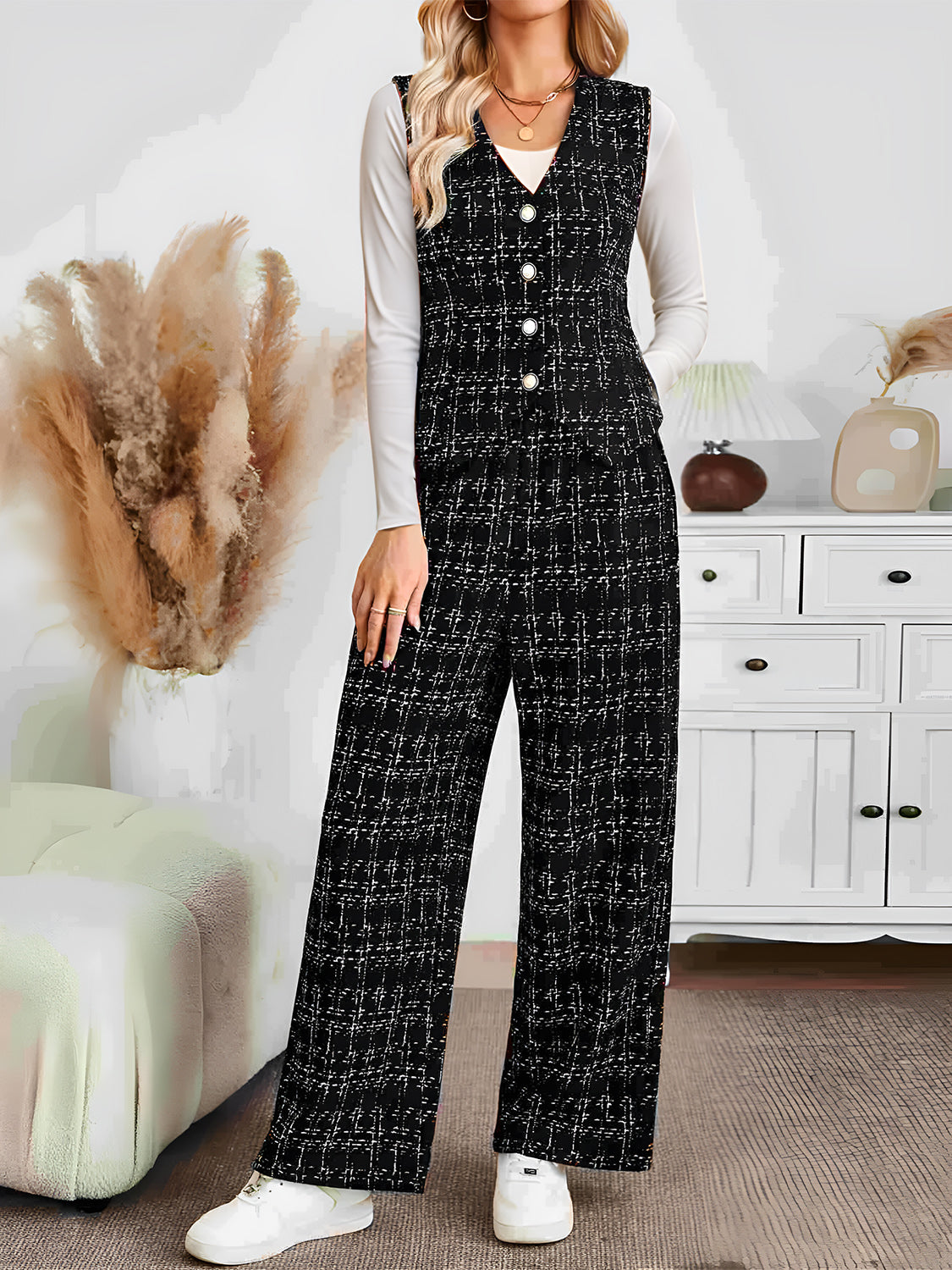 Harper Lily Plaid Button Up Vest and Pants Set