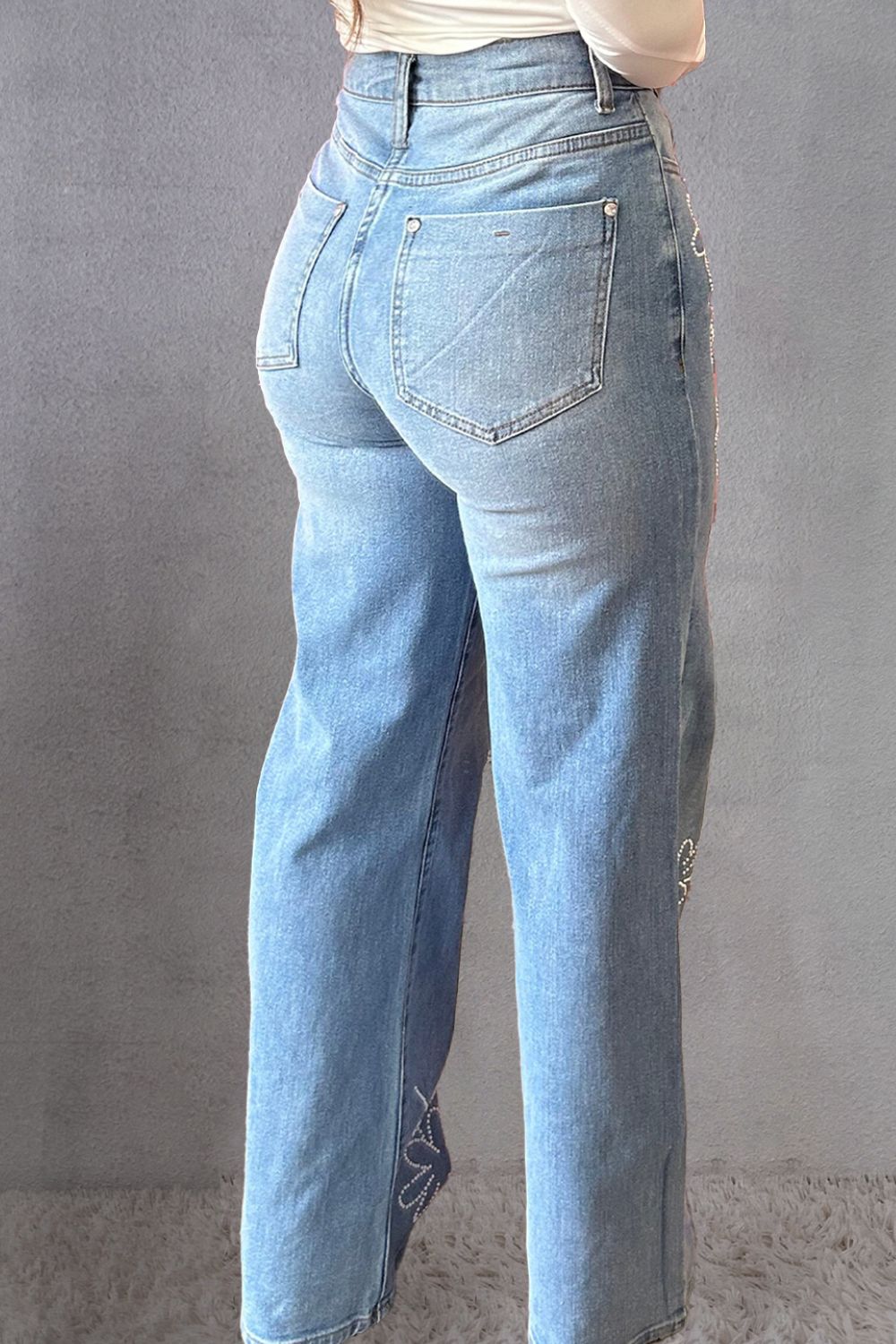 Flower Rhinestone Straight Jeans