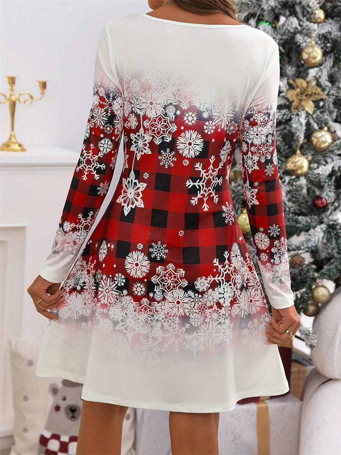 Snowflakes Plaid Long Sleeve Dress