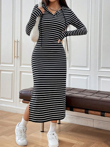 Alazne Drawstring Striped Hooded Dress