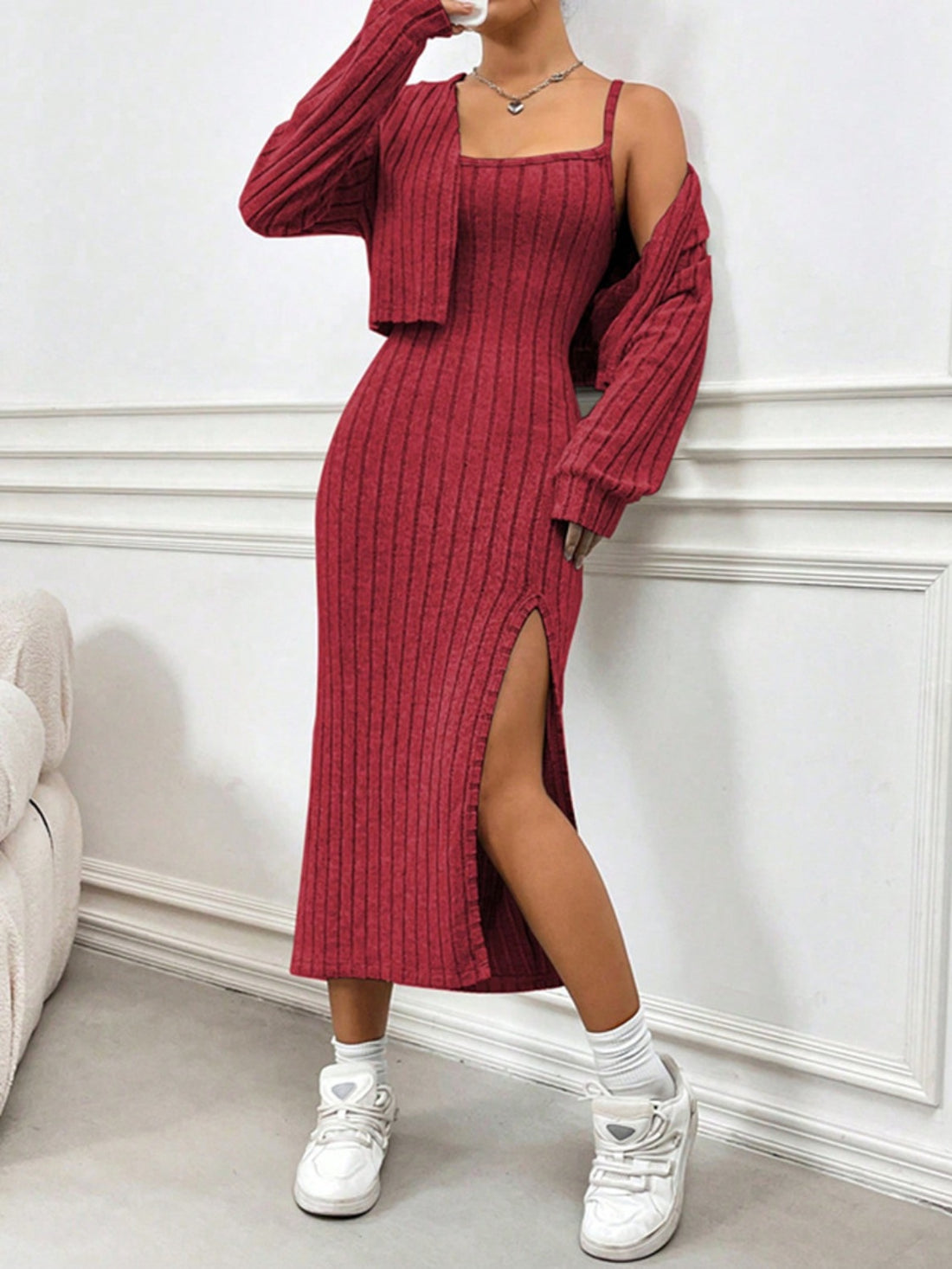 Kerensa Cropped Cardigan and Slit Cami Dress Set