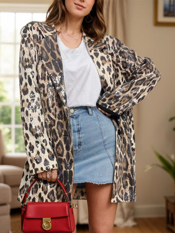 LUXE Leopard Lapel Collar Long Sleeve Longline Blazer