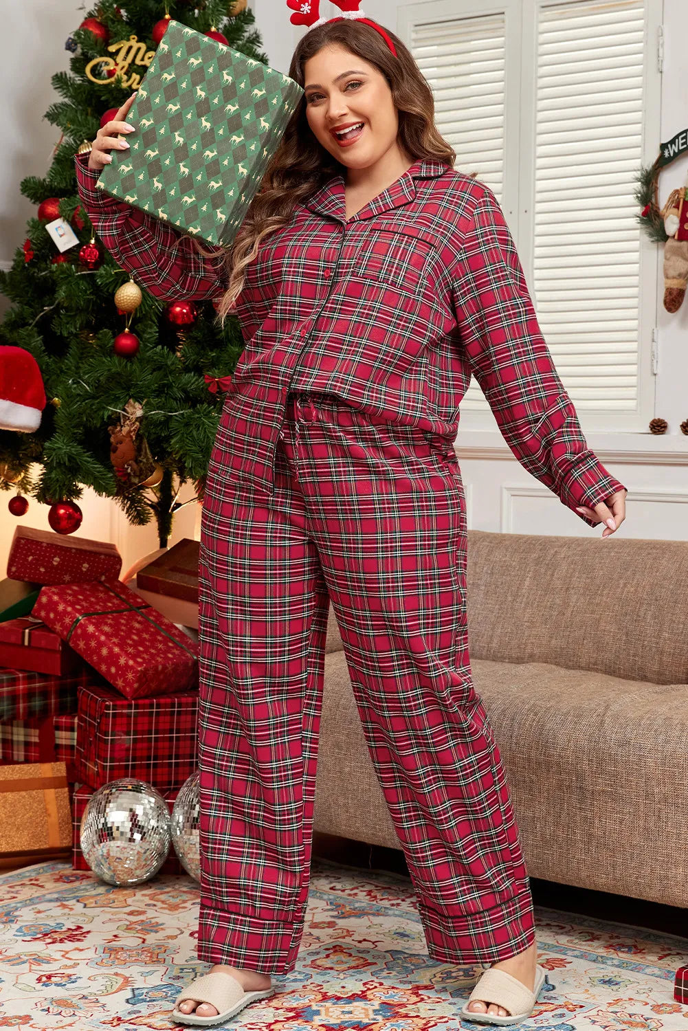 Comfy Plus Size Plaid Top and Pants Lounge Set