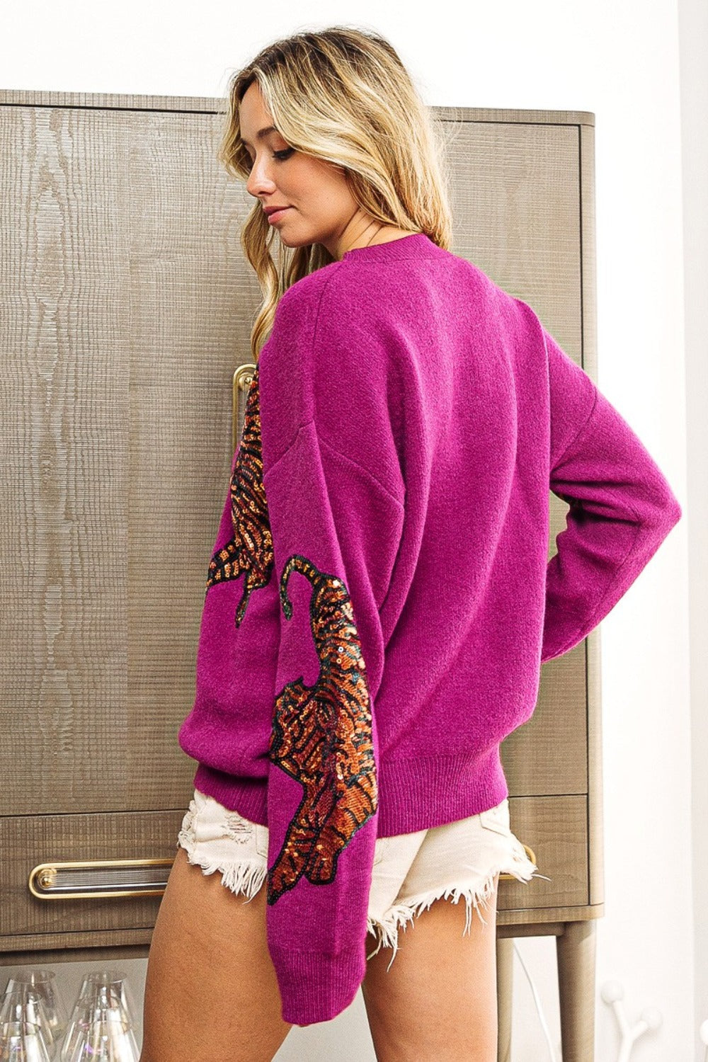 BiBi Sequin Tiger Embroidery Luxe Sweater