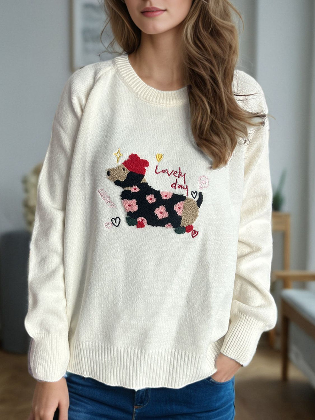 Puppy Raglan Sleeve Sweater