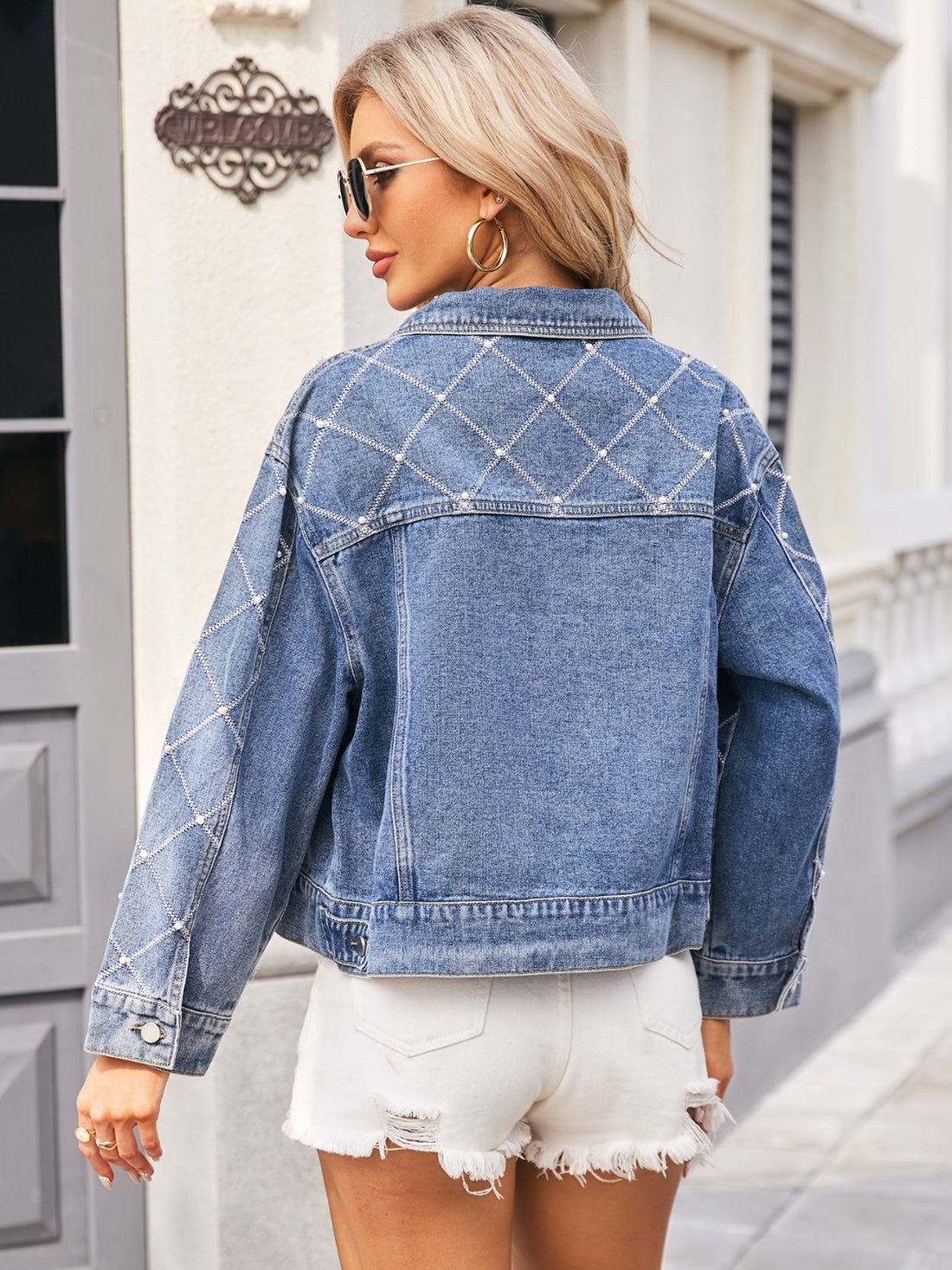 Pearl Trim Luxe Denim Jacket