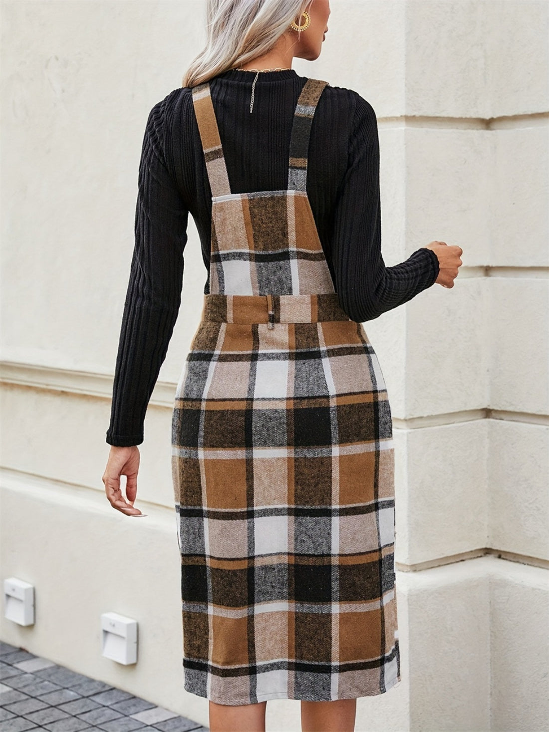 Solei Slit Plaid Overall Dress