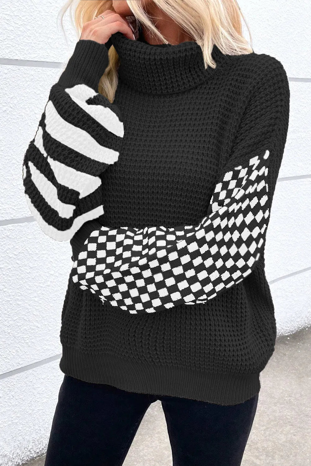 Checkered Striped Turtleneck Sweater